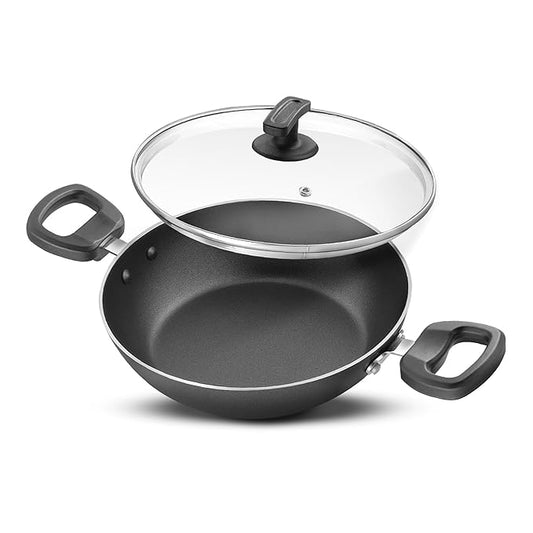 Judge by Prestige 24Cm (2.3L) Everyday Non-Stick Kadhai with Glass Lid | Low Oil Cooking | Easy to Clean | Cool Touch Handles, Black