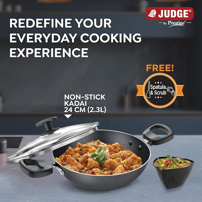Judge by Prestige 24Cm (2.3L) Everyday Non-Stick Kadhai with Glass Lid | Low Oil Cooking | Easy to Clean | Cool Touch Handles, Black