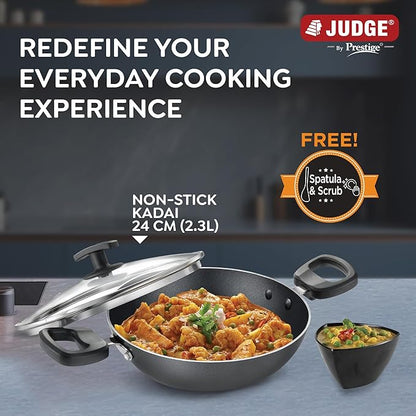 Judge by Prestige 24Cm (2.3L) Everyday Non-Stick Kadhai with Glass Lid | Low Oil Cooking | Easy to Clean | Cool Touch Handles, Black