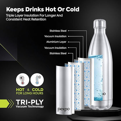 PEXPO Electro 1000 ISI Certified Hot & Cold | Stainless Steel Water Bottle - 980ml, Silver | 2 Years Warranty | Office Bottle | Workout | Travelling | Home | RCB Edition