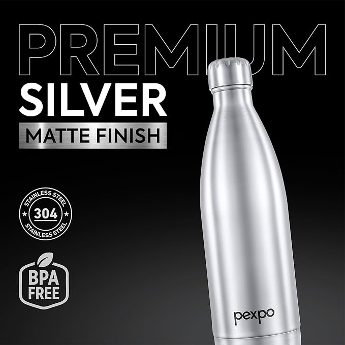 PEXPO Electro 1000 ISI Certified Hot & Cold | Stainless Steel Water Bottle - 980ml, Silver | 2 Years Warranty | Office Bottle | Workout | Travelling | Home | RCB Edition