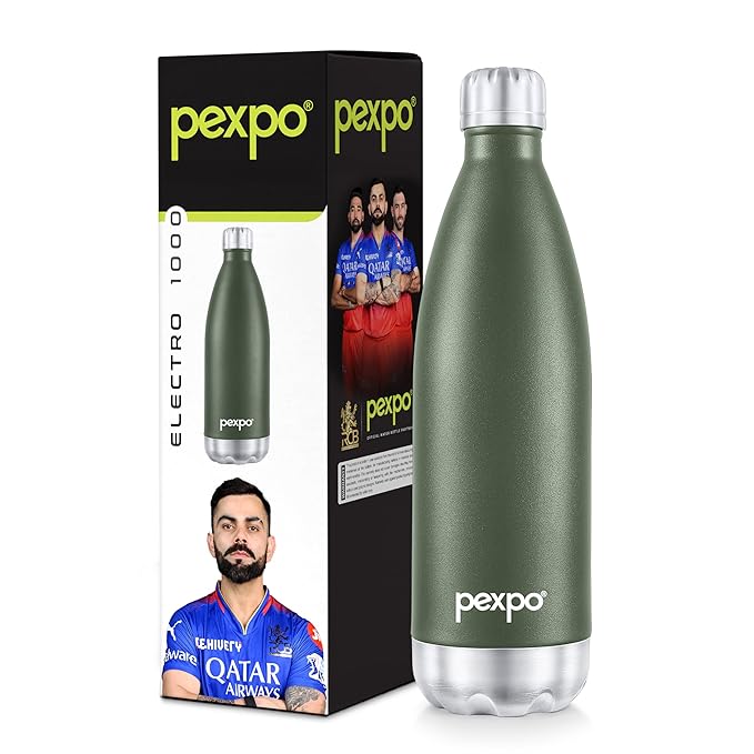 PEXPO Electro 1000 ISI Certified Hot & Cold | Stainless Steel Water Bottle - 980ml, Military Green | 2 Years Warranty | Office Bottle | Workout | Travelling | Home | RCB Edition