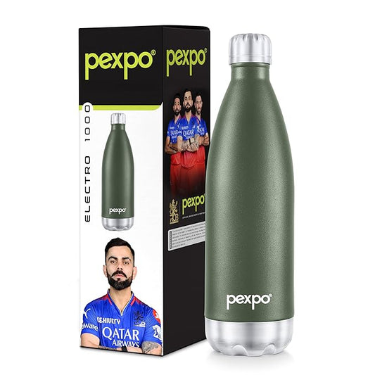 PEXPO Electro 1000 ISI Certified Hot & Cold | Stainless Steel Water Bottle - 980ml, Military Green | 2 Years Warranty | Office Bottle | Workout | Travelling | Home | RCB Edition