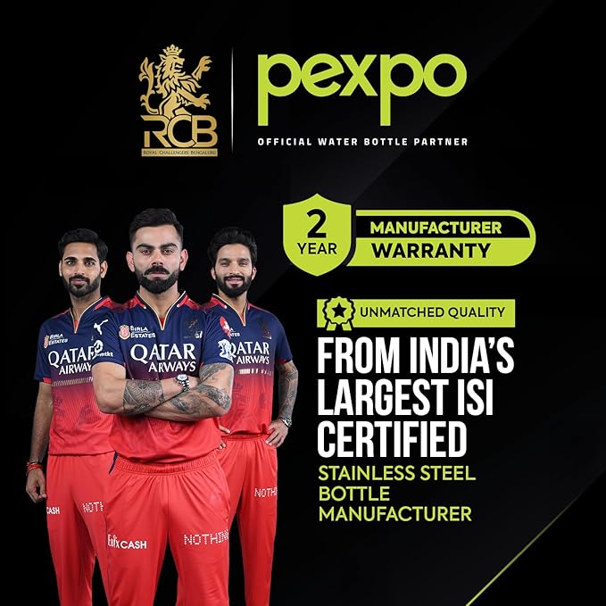 PEXPO Electro 1000 ISI Certified Hot & Cold | Stainless Steel Water Bottle - 980ml, Military Green | 2 Years Warranty | Office Bottle | Workout | Travelling | Home | RCB Edition