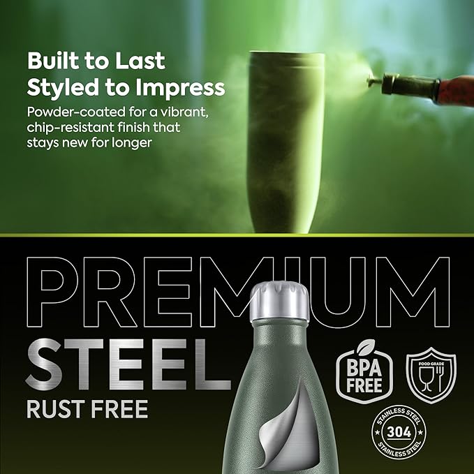 PEXPO Electro 1000 ISI Certified Hot & Cold | Stainless Steel Water Bottle - 980ml, Military Green | 2 Years Warranty | Office Bottle | Workout | Travelling | Home | RCB Edition