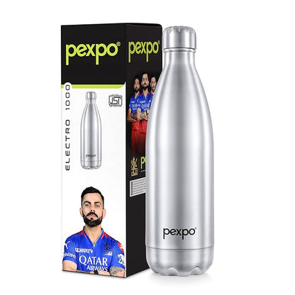 PEXPO Electro 1000 ISI Certified Hot & Cold | Stainless Steel Water Bottle - 980ml, Silver | 2 Years Warranty | Office Bottle | Workout | Travelling | Home | RCB Edition