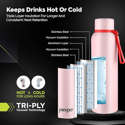 Pexpo Bravo 1000 ISI Certified Stainless Steel Water Bottle - 980ml | Double Wall Vacuum Insulated Flask | Hot & Cold Thermos | Leakproof | Ideal for Home, Office, Gym, Outings - Baby Pink