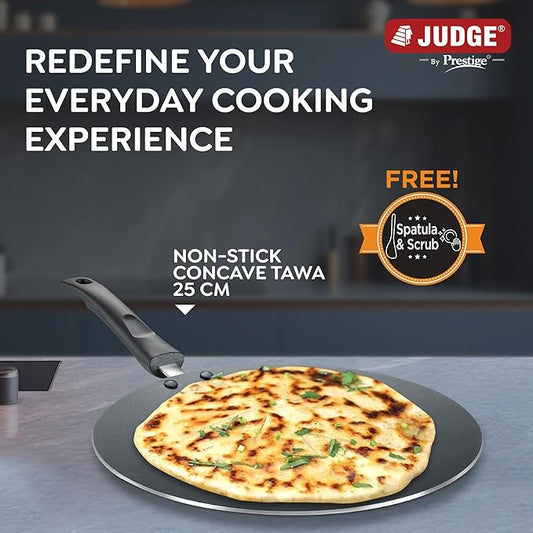 Judge by Prestige 25Cm Everyday Non-Stick Concave Tawa (Aluminium) | Low Oil Cooking | Easy to Clean |Cool Touch Handle, Black