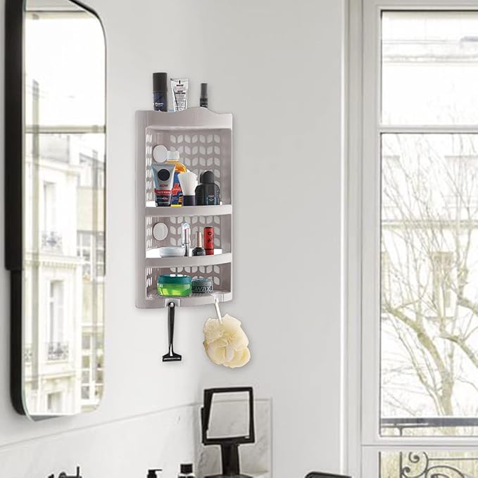 Plastic Multipurpose Wall Mount Bathroom Corner Shelf and Rack Kitchen Bathroom Storage Rack (Grey)