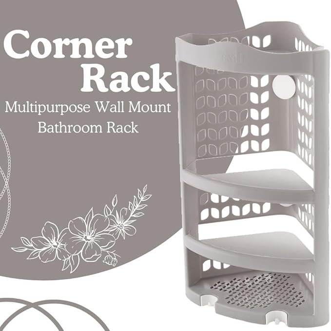 Plastic Multipurpose Wall Mount Bathroom Corner Shelf and Rack Kitchen Bathroom Storage Rack (Grey)