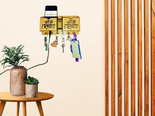 Adnate Jai Shree Radhey wooden Key Holder With Two Mobile Pocket and pen holder Wood Key Holder (7 Hooks, Brown)