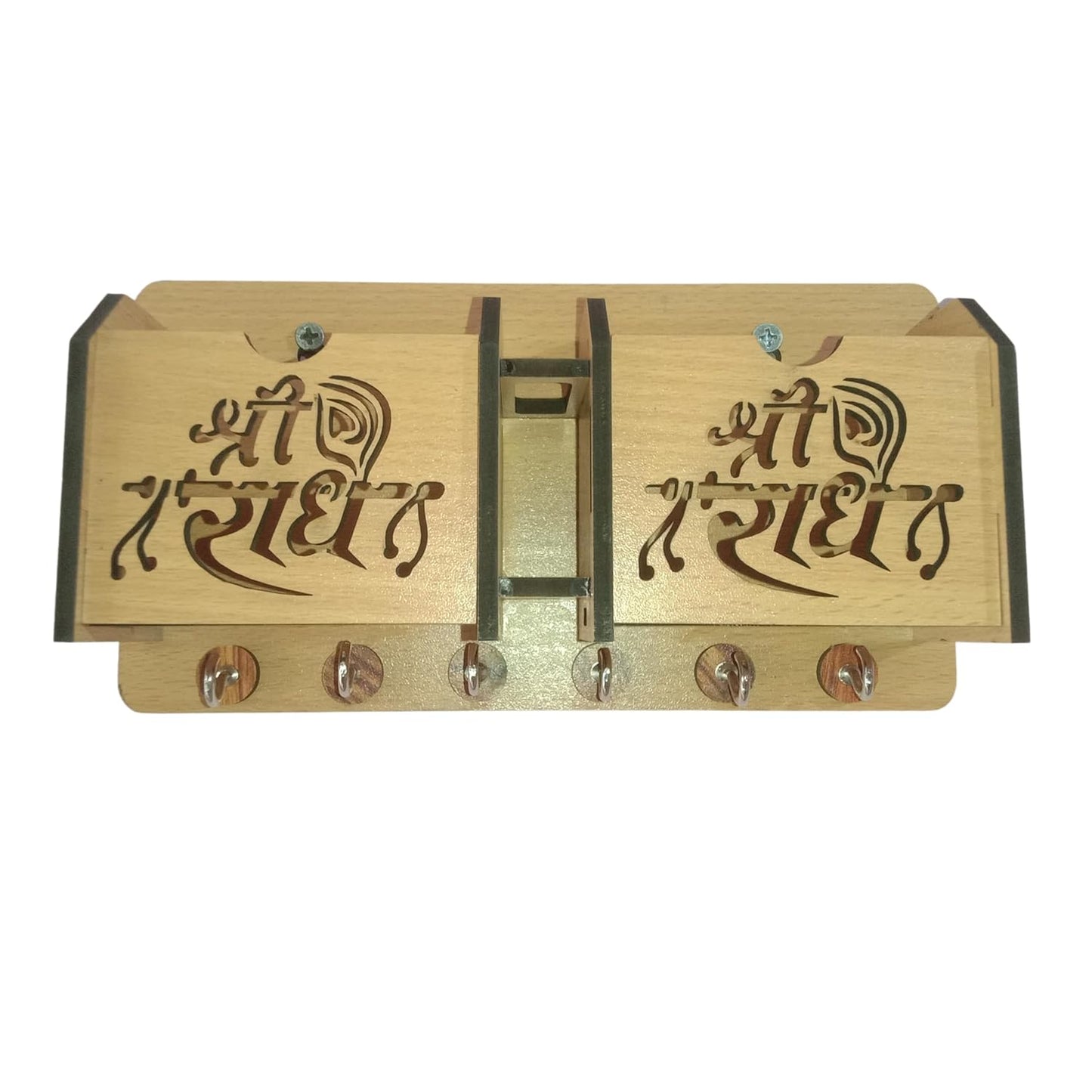 Adnate Jai Shree Radhey wooden Key Holder With Two Mobile Pocket and pen holder Wood Key Holder (7 Hooks, Brown)
