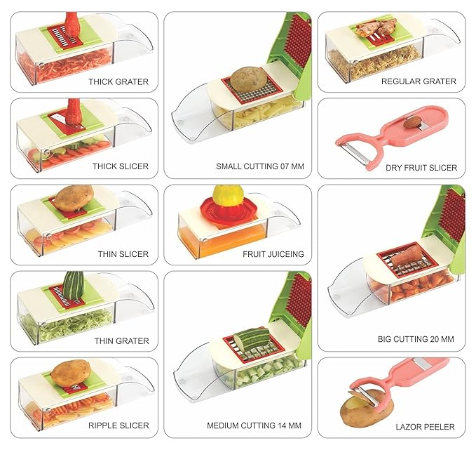 Ritu Mezon's Plastic, Stainless Steel 12 in 1 Multipurpose Vegetable & Fruit Chopper Cutter Slicer Grater with Unbreakable Container, Multicolour