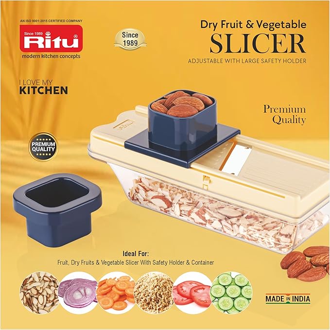RITU Adjustable Slicer with Large Safety Holder | Dual Stainless Steel Blades | Spiral Vegetable Cutter for Salad, Fruits, Potatoes, Carrots | Multipurpose Kitchen Tool | Easy to Use