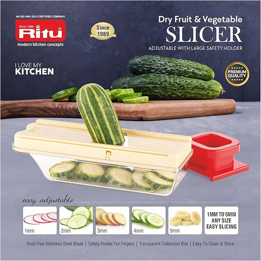 RITU Adjustable Slicer with Large Safety Holder | Dual Stainless Steel Blades | Spiral Vegetable Cutter for Salad, Fruits, Potatoes, Carrots | Multipurpose Kitchen Tool | Easy to Use