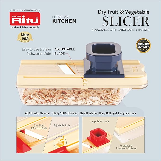 RITU Adjustable Slicer with Large Safety Holder | Dual Stainless Steel Blades | Spiral Vegetable Cutter for Salad, Fruits, Potatoes, Carrots | Multipurpose Kitchen Tool | Easy to Use