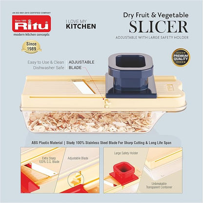RITU Adjustable Slicer with Large Safety Holder | Dual Stainless Steel Blades | Spiral Vegetable Cutter for Salad, Fruits, Potatoes, Carrots | Multipurpose Kitchen Tool | Easy to Use