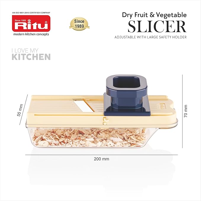 RITU Adjustable Slicer with Large Safety Holder | Dual Stainless Steel Blades | Spiral Vegetable Cutter for Salad, Fruits, Potatoes, Carrots | Multipurpose Kitchen Tool | Easy to Use