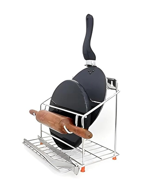 4-in-1 Stainless Steel Chakla Belan Tawa Chimta Stand for Kitchen - Wall Mount Rack for Rolling Pin, Board, Tong Holder (NHSP)