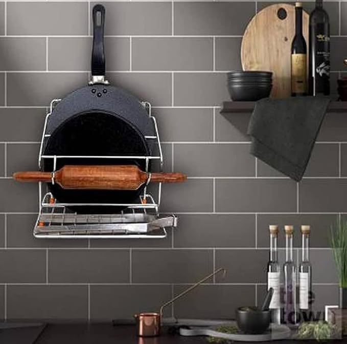 4-in-1 Stainless Steel Chakla Belan Tawa Chimta Stand for Kitchen - Wall Mount Rack for Rolling Pin, Board, Tong Holder (NHSP)