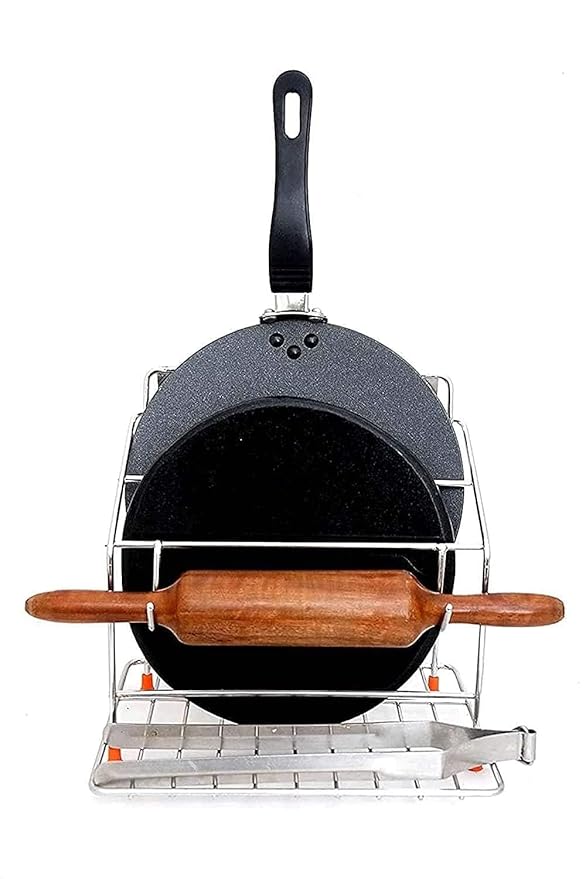 4-in-1 Stainless Steel Chakla Belan Tawa Chimta Stand for Kitchen - Wall Mount Rack for Rolling Pin, Board, Tong Holder (NHSP)