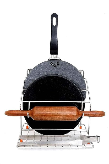 4-in-1 Stainless Steel Chakla Belan Tawa Chimta Stand for Kitchen - Wall Mount Rack for Rolling Pin, Board, Tong Holder (NHSP)