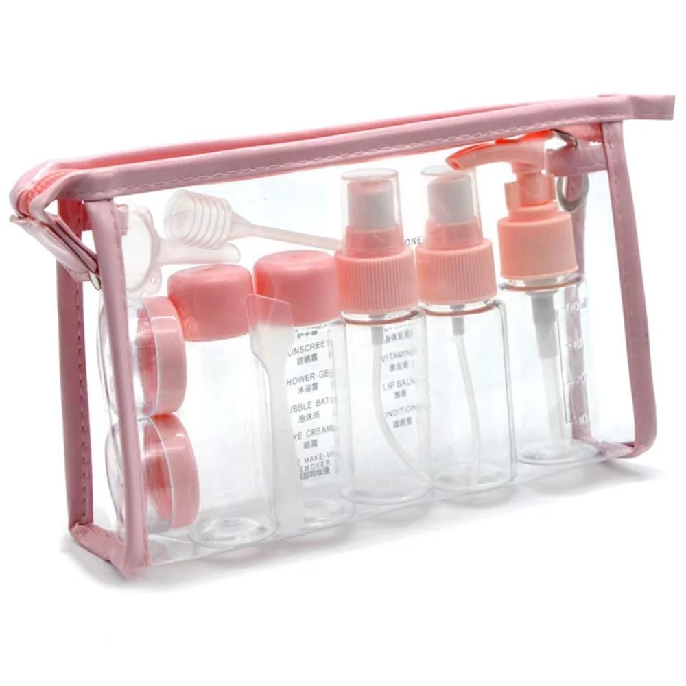 Pvc Travel Bottles Set & Containers, Toiletry Bag, Refillable Small Mini Empty Plastic Pump/Spray/Squeeze Bottles For Travel Toiletries With Storage Bag (Pink, Width: 16 Cm)